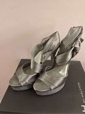 Satin Gray Knot-Back Platform Heels